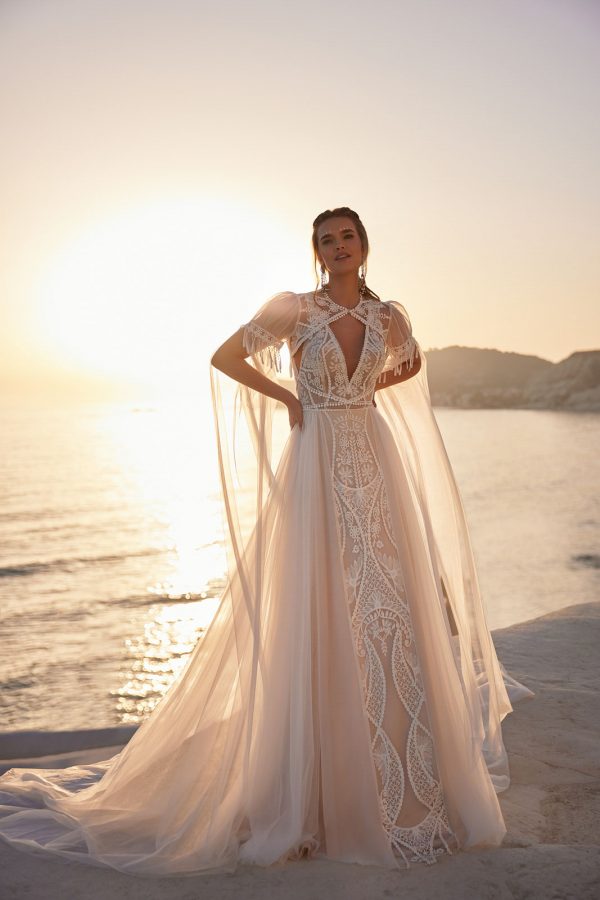 Boho-Hochzeitskleid, Multifarbig, Florale Spitze DAMA Couture, abnehmbare Ärmel, Brutkleid bohemian
